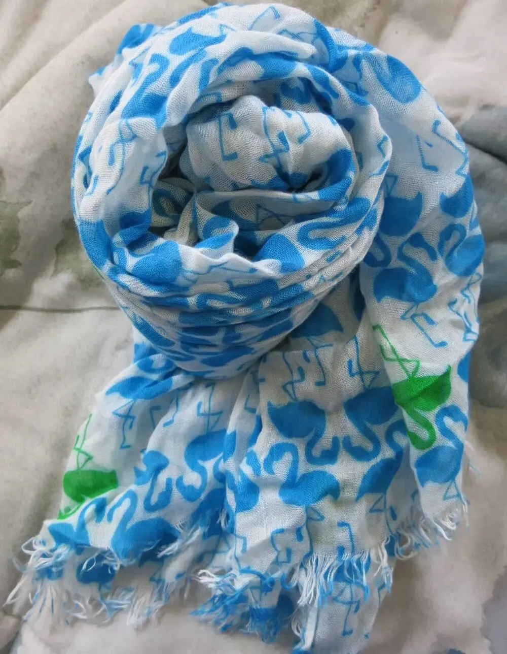FLAMINGO Scarf Light Weight  White 20x71 Beach Summer Fringe Festival Colorful